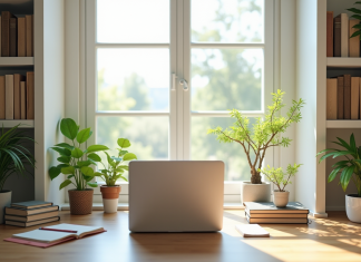 Bureau moderne lumineux avec grande fenetre et plantes