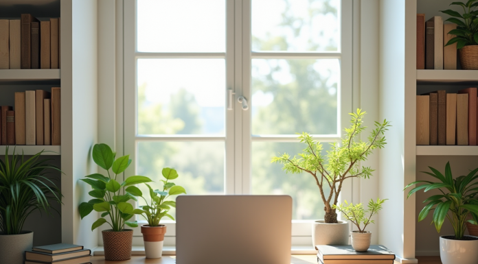Bureau moderne lumineux avec grande fenetre et plantes