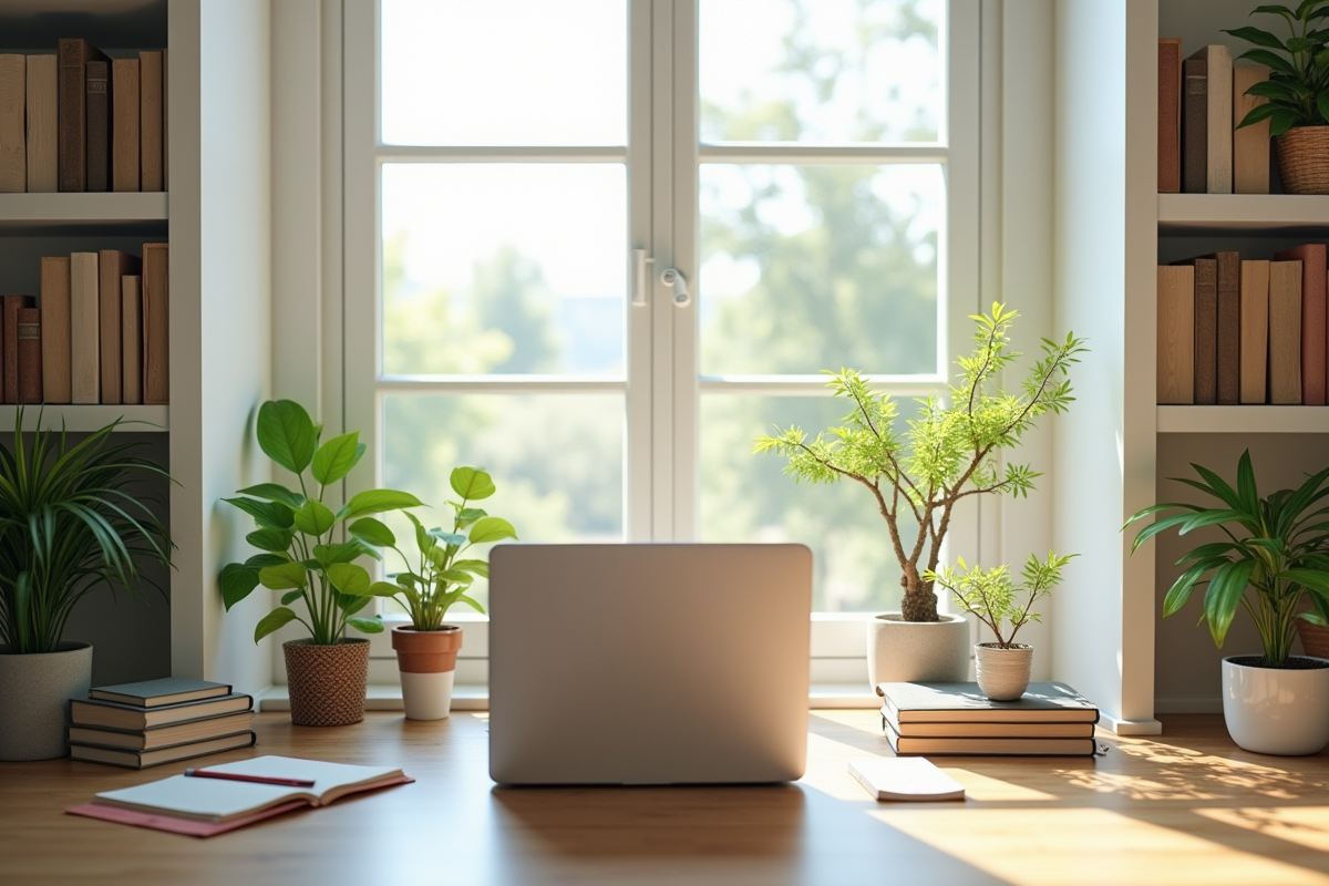 Bureau moderne lumineux avec grande fenetre et plantes