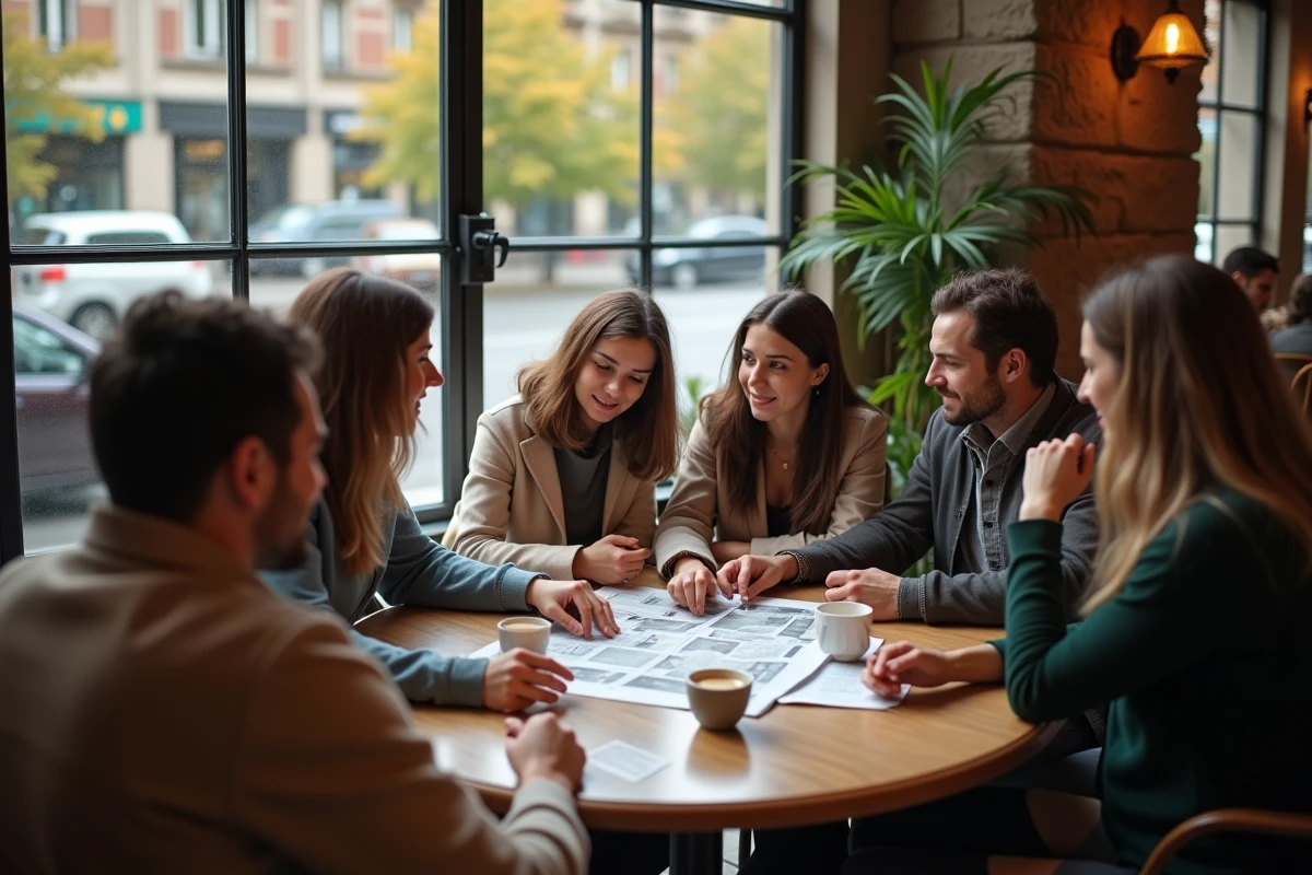 Groupe de personnes discutant autour d un cafe avec journal