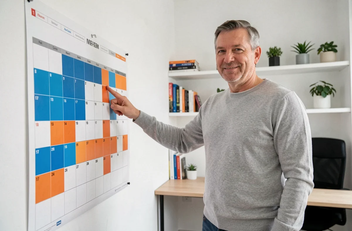 Homme devant un calendrier mural avec semaines paires et impaires codées par couleur dans un bureau à domicile