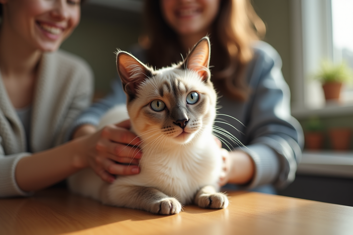 Chat siamois caressé par un adulte dans la cuisine