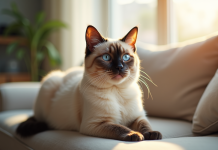 Chat siamois sur un canapé en lumière naturelle