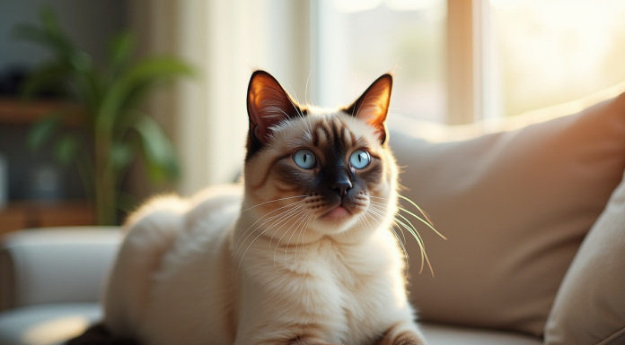 Chat siamois sur un canapé en lumière naturelle