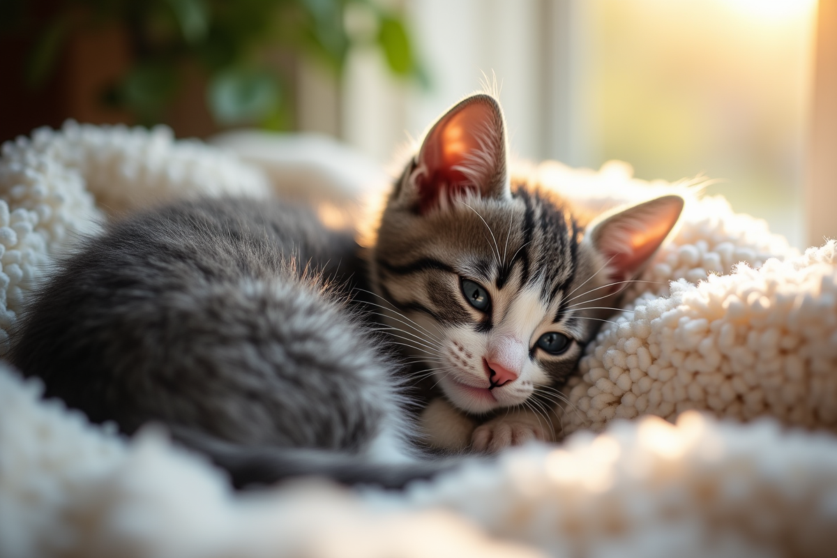 Chaton gris et blanc blotti sur une couverture chaude