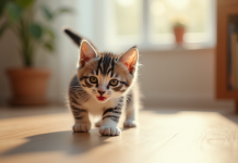 Chaton gris et blanc explorant un salon lumineux