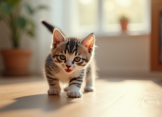 Comment gérer les premiers mois avec un chaton gris et blanc : nos conseils Chaton gris et blanc explorant un salon lumineux