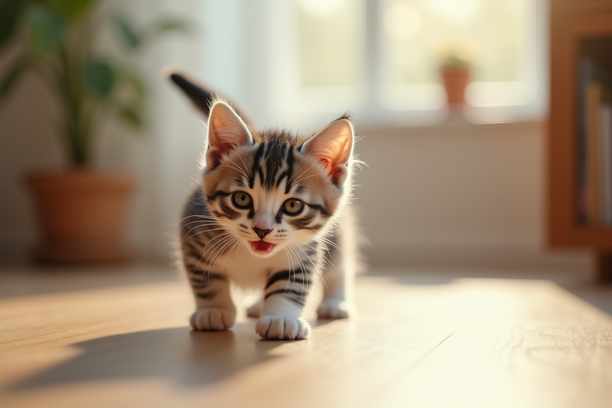 Chaton gris et blanc explorant un salon lumineux
