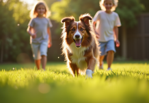 Chien australien joyeux jouant avec des enfants dans le jardin