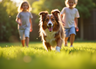À la rencontre du Berger Australien marron : un ami pour la vie de vos enfants Chien australien joyeux jouant avec des enfants dans le jardin