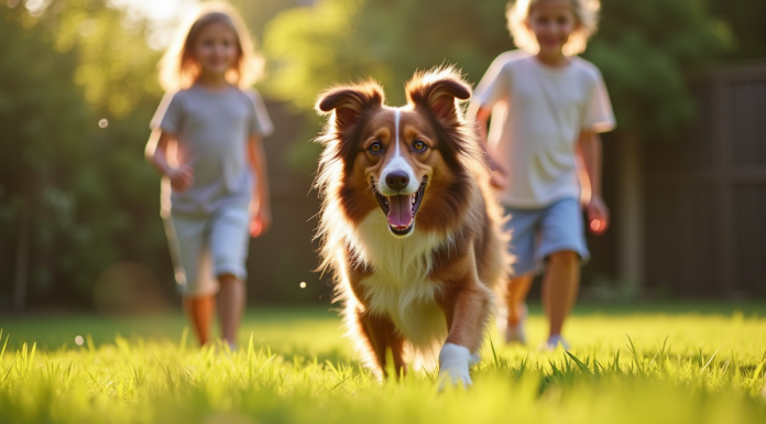 Chien australien joyeux jouant avec des enfants dans le jardin