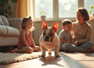 Élever un bouledogue français exotique avec de jeunes enfants : que savoir ? Bulldog français aux couleurs rares jouant avec enfants dans le salon