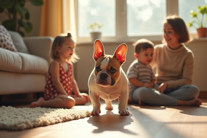 chien-bulldog-coat-unique-salon Bulldog français aux couleurs rares jouant avec enfants dans le salon