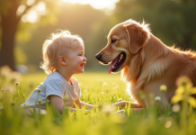 Golden retriever avec un enfant dans un parc ensoleille
