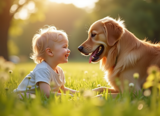 Symbole de la gentillesse : Quel animal incarne cette qualité ? Golden retriever avec un enfant dans un parc ensoleille