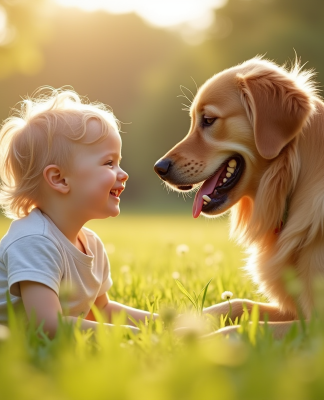 Golden retriever avec un enfant dans un parc ensoleille