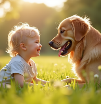 Golden retriever avec un enfant dans un parc ensoleille