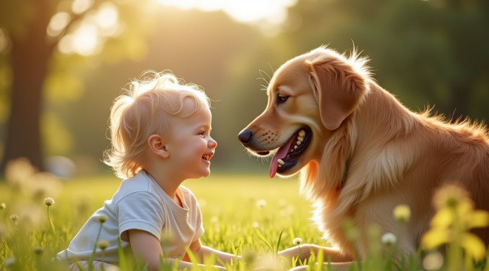 Golden retriever avec un enfant dans un parc ensoleille