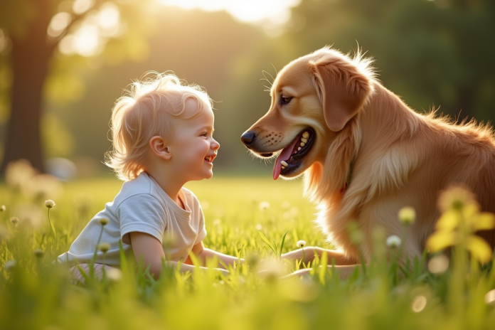 Golden retriever avec un enfant dans un parc ensoleille
