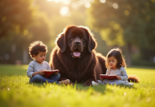 Chien Newfoundland avec enfants lisant un livre en extérieur