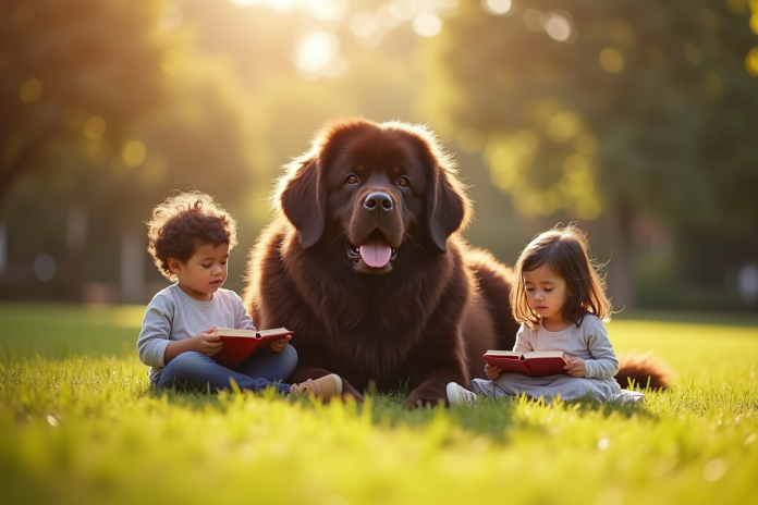 chien-newfoundland-enfants-lire Chien Newfoundland avec enfants lisant un livre en extérieur