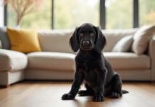 Jeune chiot cocker spaniel noir dans un salon lumineux