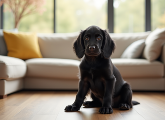 Conseils pour l’éducation de votre cocker de couleur noire Jeune chiot cocker spaniel noir dans un salon lumineux