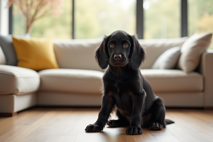Jeune chiot cocker spaniel noir dans un salon lumineux