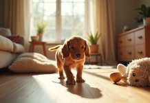 Jeune chiot cocker spaniel explore un salon lumineux et cosy