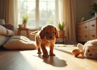 Jeune chiot cocker spaniel explore un salon lumineux et cosy