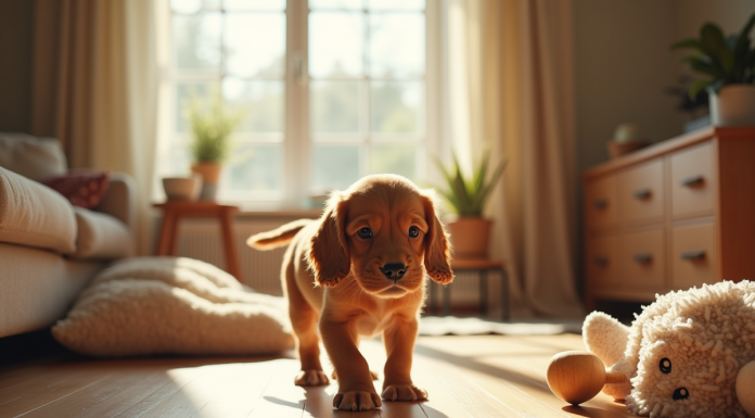 Jeune chiot cocker spaniel explore un salon lumineux et cosy