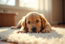 Chiot golden retriever au matin sur un tapis ensoleille