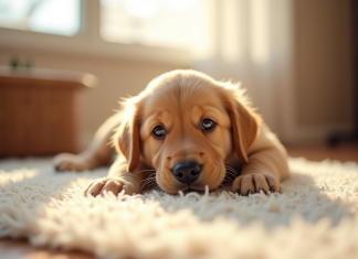 Chiot golden retriever au matin sur un tapis ensoleille