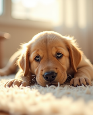 Chiot golden retriever au matin sur un tapis ensoleille