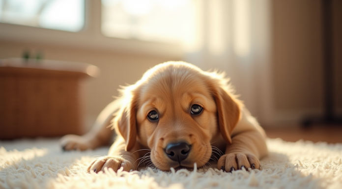 Chiot golden retriever au matin sur un tapis ensoleille