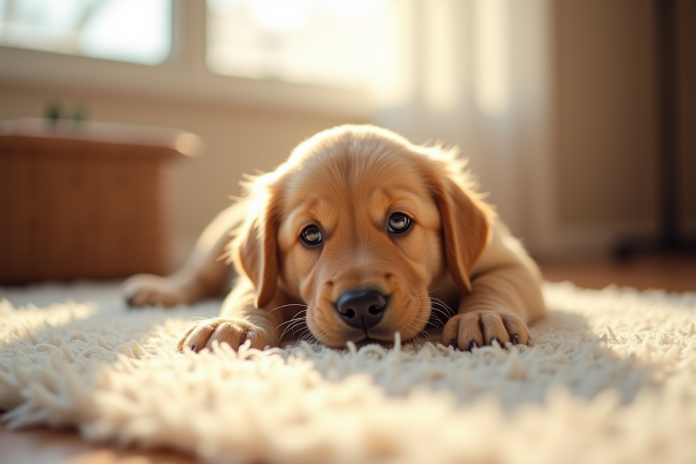chiot-golden-retriever-matin Chiot golden retriever au matin sur un tapis ensoleille