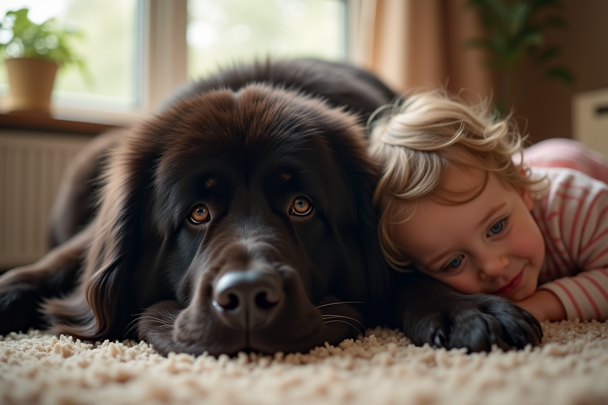 Chiot Newfoundland avec un enfant dans un intérieur chaleureux