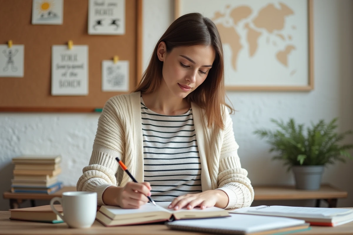 Femme écrivant des citations pédagogiques dans un carnet entouré de livres pour enfants, évoquant la réflexion sur l'éducation bienveillante
