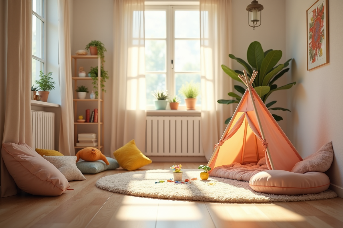 Coin jeu ensoleille dans le salon avec tente et coussins