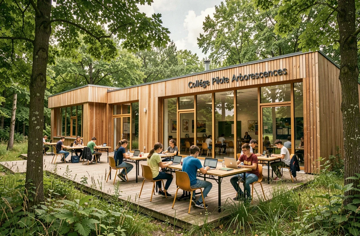Bâtiment moderne du Collège Pilote Arborescences intégré dans un environnement boisé avec des élèves travaillant en plein air