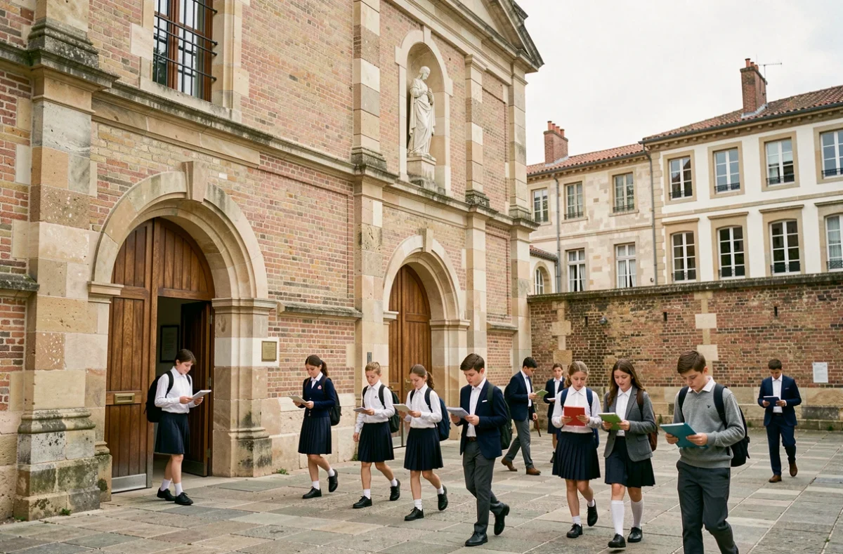Façade en pierre du Collège Sainte-Jeanne-d'Arc à Melun avec des élèves se déplaçant dans la cour entre les cours