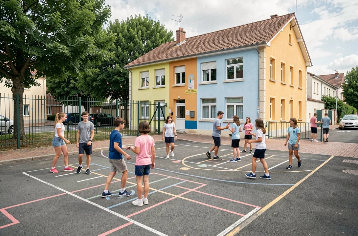 Cour de récréation du Collège Sainte-Thérèse à Ozoir-la-Ferrière avec des collégiens en train de jouer et de discuter