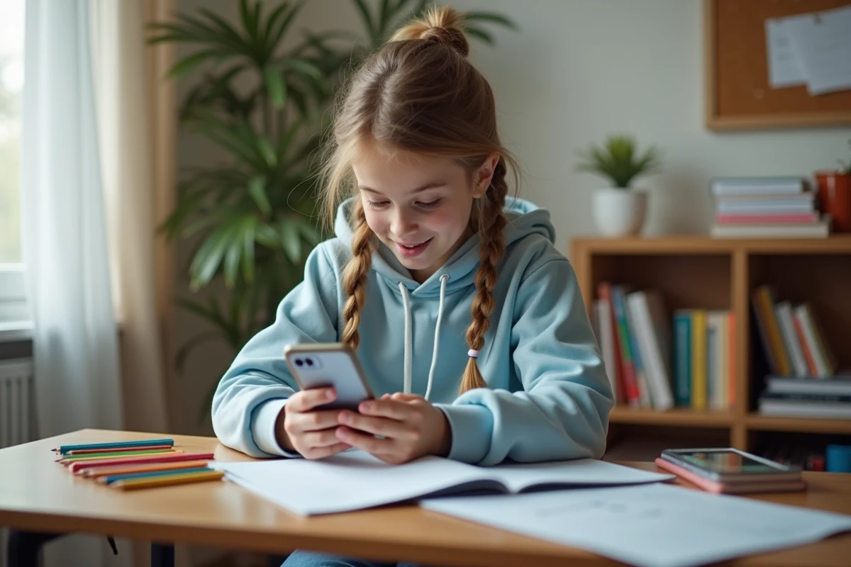 Collégienne comparant une application de fiche de classe numérique avec une liste papier scolaire sur son bureau