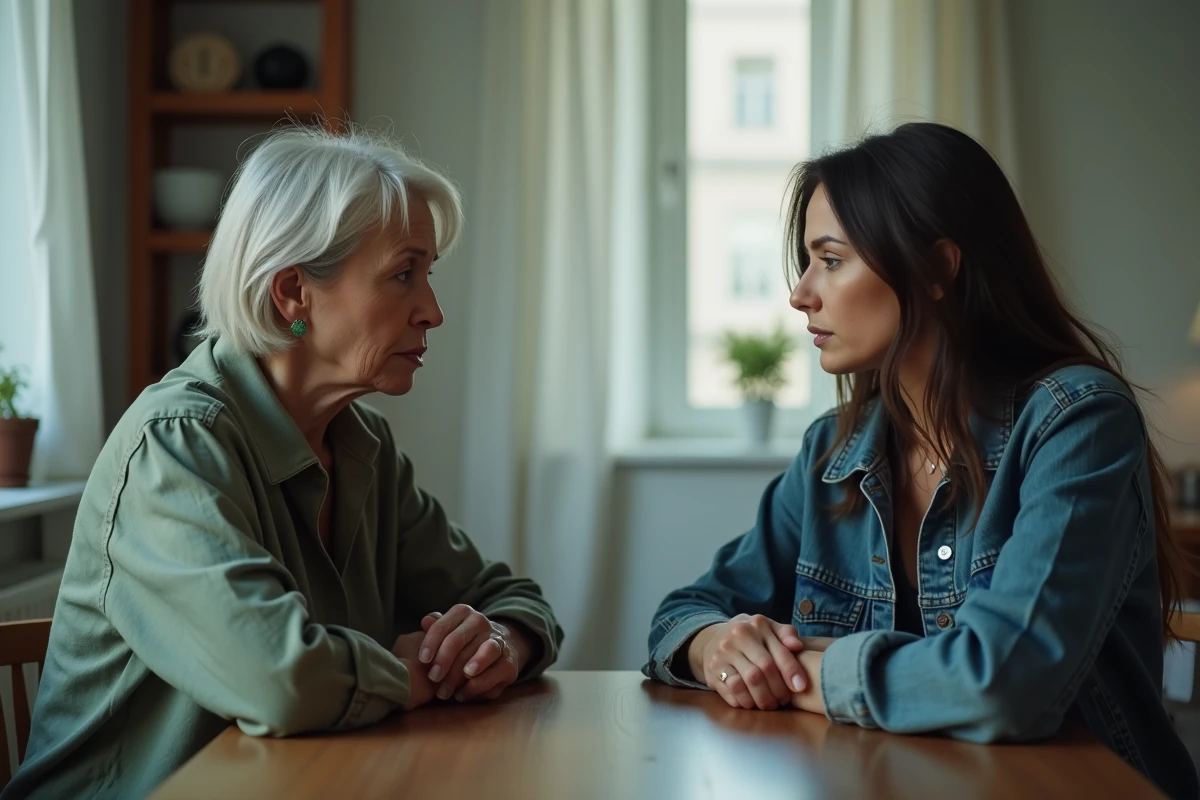 Mère et fille adulte assises l'une en face de l'autre, regard détourné, tension émotionnelle visible entre elles, illustrant un conflit familial silencieux