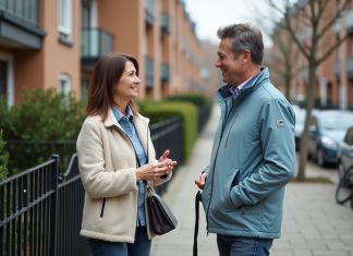 Femme d'âge moyen parlant poliment à son voisin dans la rue