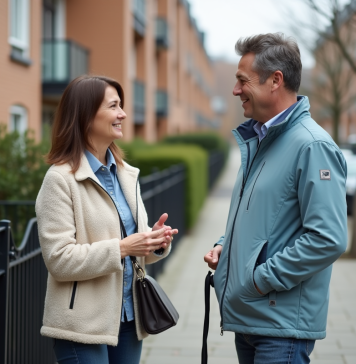 Voisinage : Demander poliment à votre voisin de ramasser les crottes de chien Femme d'âge moyen parlant poliment à son voisin dans la rue