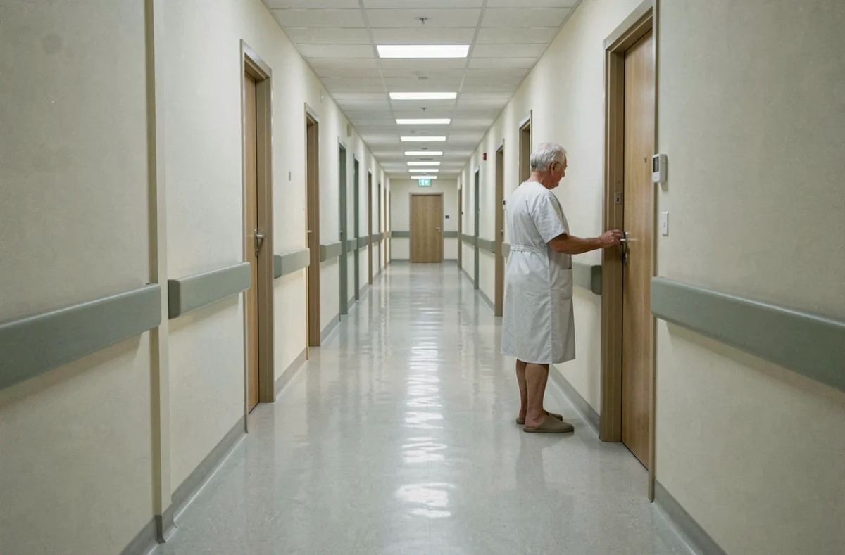Couloir vide d'un hôpital français avec un homme âgé de dos près d'une porte, image évoquant la maladie, la discrétion et la fin de vie