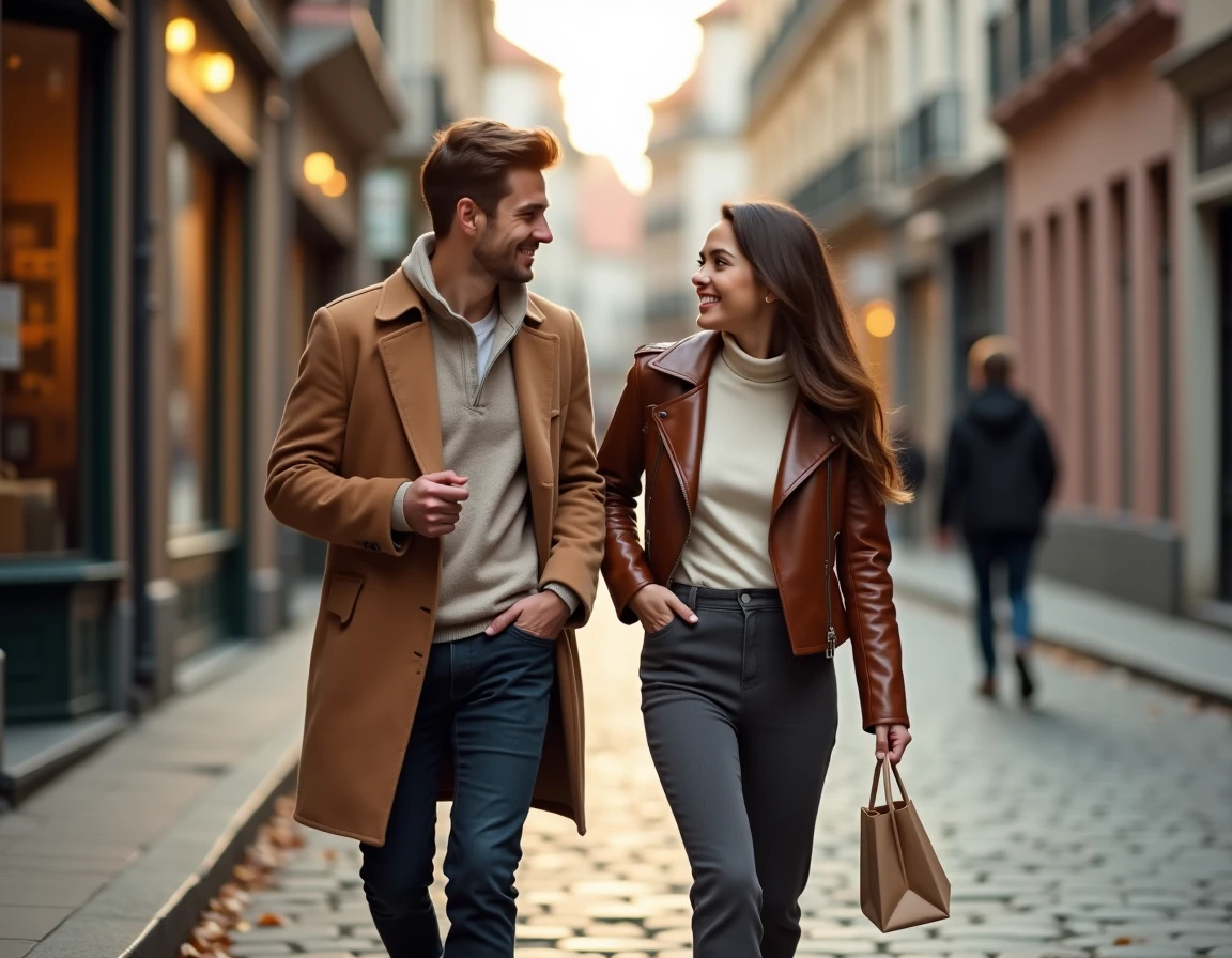 Couple de 18 ans se promenant dans une rue urbaine avec un cadeau d'anniversaire, sourires complices