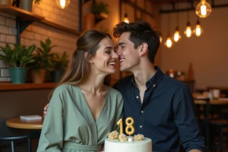 Couple de jeunes adultes fêtant un anniversaire 18 ans dans un café chaleureux avec un gâteau et des photos polaroïd