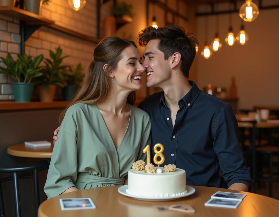 Couple de jeunes adultes fêtant un anniversaire 18 ans dans un café chaleureux avec un gâteau et des photos polaroïd